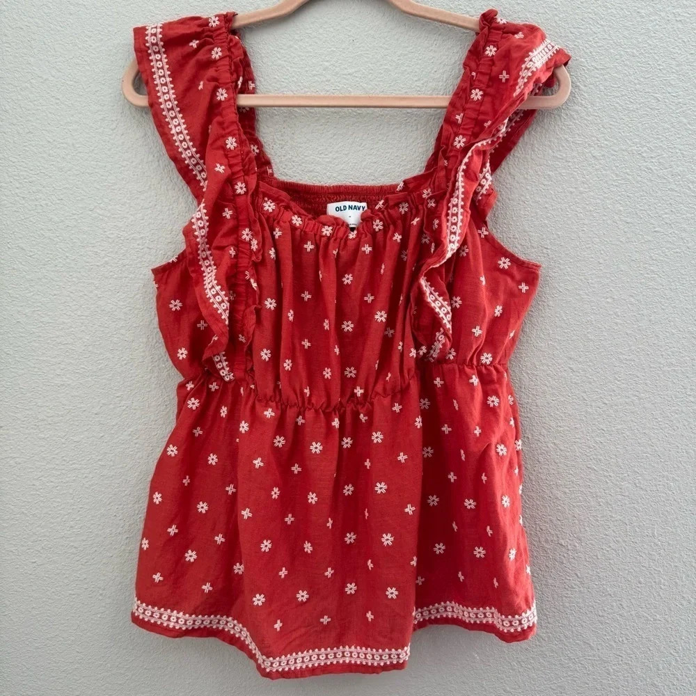 Embroidered-Print Ruffle‎ Babydoll Top Size Medium - Picture 4 of 10